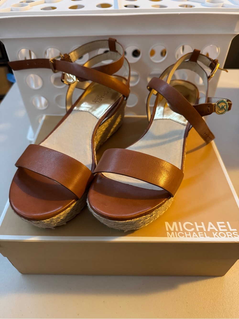 Michael Kors Brown Leather Espadrille Wedge Sandals